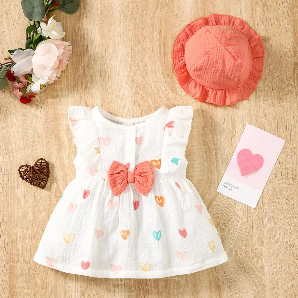 Newborn Baby Girl Sweet Cotton Dress Sleeveless Love Pattern Dress+Hat