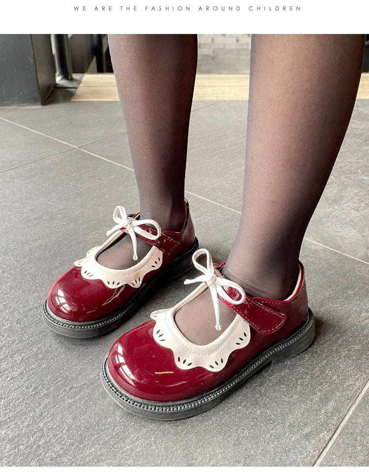 Girl's Princess Shoes Wine Red Black Ruffles Elegant Patent Leather Bowknot Children Flat Shoes 21-35 Toddler Kids Single Shoe
