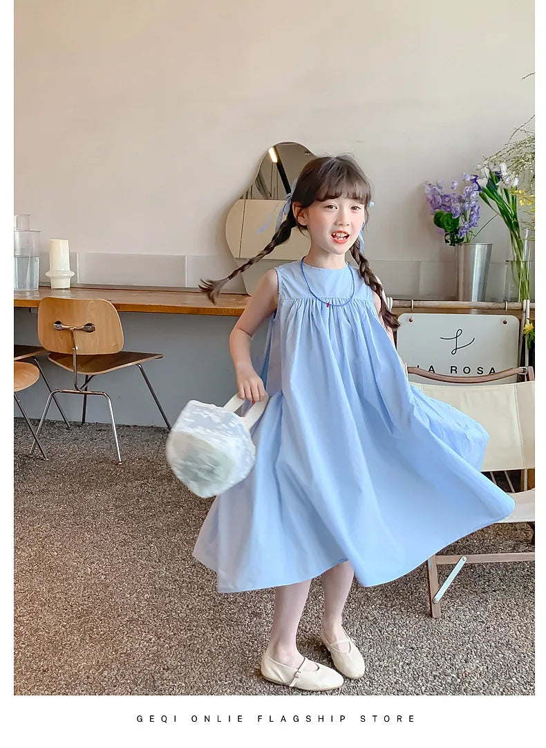 Ana Summer Junior Girl Sleeveless Dress Solid Side Cotton Dress