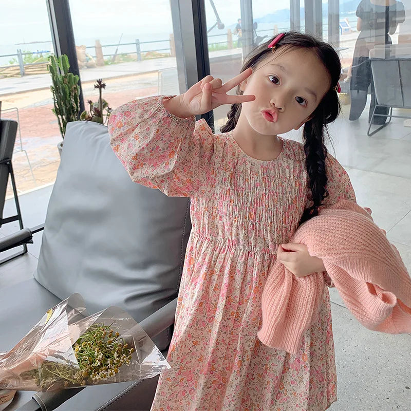 Girls Casual Dresses Floral Crease Sweet Dress Kids Clothes Princess Dress Girls 3 To 7 Years Flower Girl Dresses for Weddings