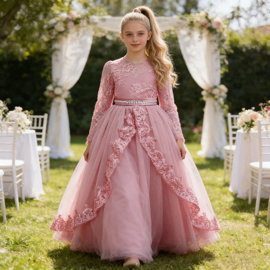 Elegant Baptism Bridesmaid Party Girl Dresses Long Sleeve Princess Dress