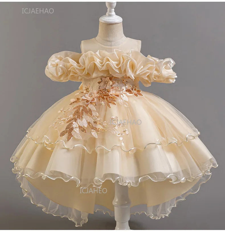 Girls Flower Girl Dress with Train Tulle Princess Gown Christmas Birthday Party Pageant Formal Dresses Kids Children Clothing