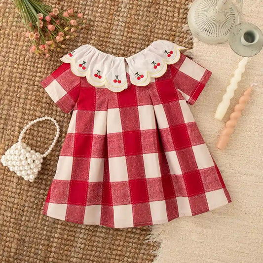 Baby Girl Summer Dress in Red Cherry Plaid