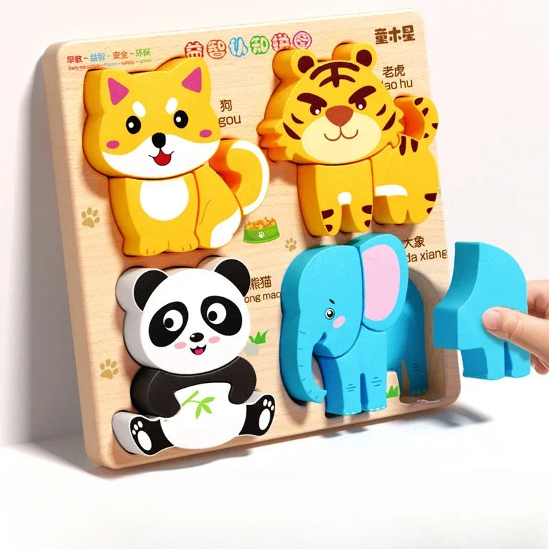 Montessori Cartoon 3D Wooden Puzzle Animal Traffic Jigsaw Toys