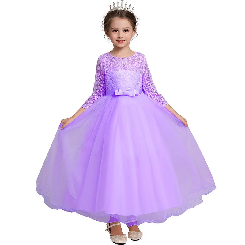 Girl's bow long sleeved princess dress 4-14 years old lace long mesh dress