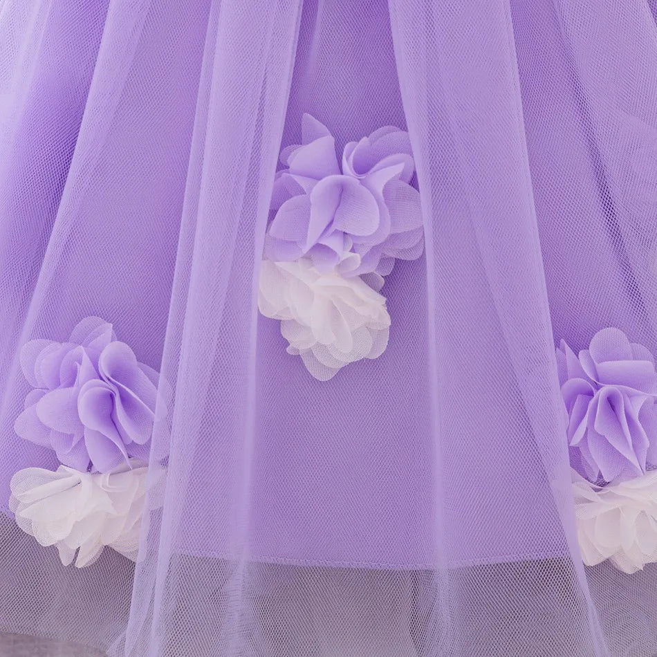 New Baby Girls 1st Princess Dress Infant Three-dimensional Flower One-word Shoulder Mesh Dress Baby Girl Performance Dress ASQ03