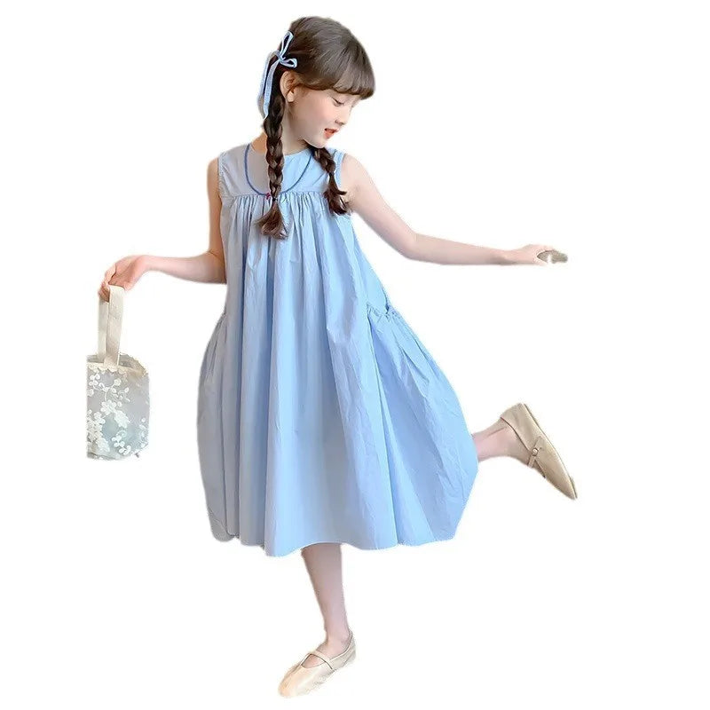 Ana Summer Junior Girl Sleeveless Dress Solid Side Cotton Dress