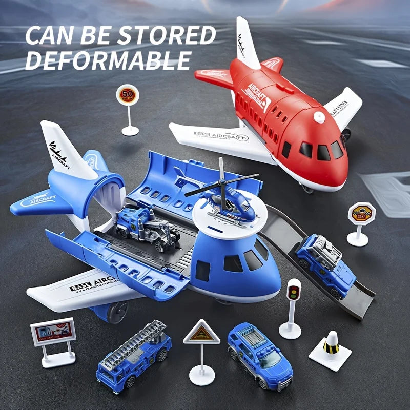 Children's Airplane Car Toy, Model Equipped with 6 Road Signs Random 3 Cars 1 Helicopter