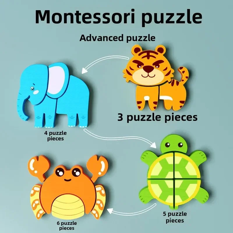 Montessori Cartoon 3D Wooden Puzzle Animal Traffic Jigsaw Toys