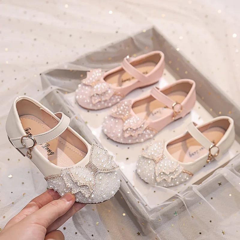 Autumn Fashion Pearl Bow Rhinestone Little Girl Shoes Flat Heels Kids Princess Shoes