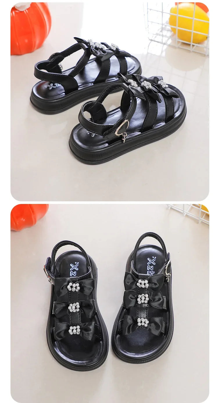 Girls Beach Shoes with Sweet Bows Soft Sole Kids Sandals Versatile 2025 Summer New Children Princess Shoes