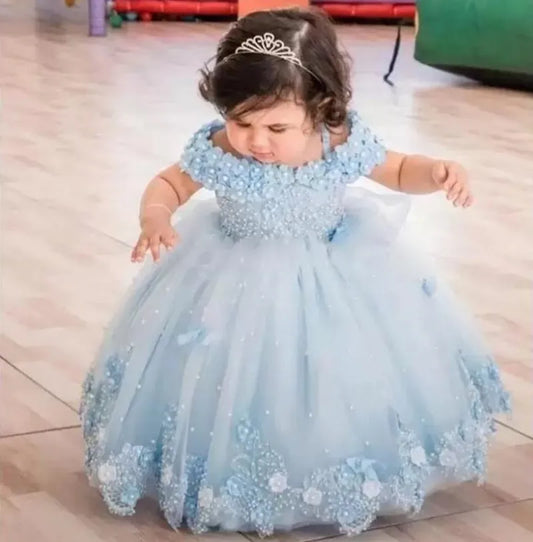 Baby Girls Dresses Off Shoulder Pearls Lace Butterflies Flower Princess Dress