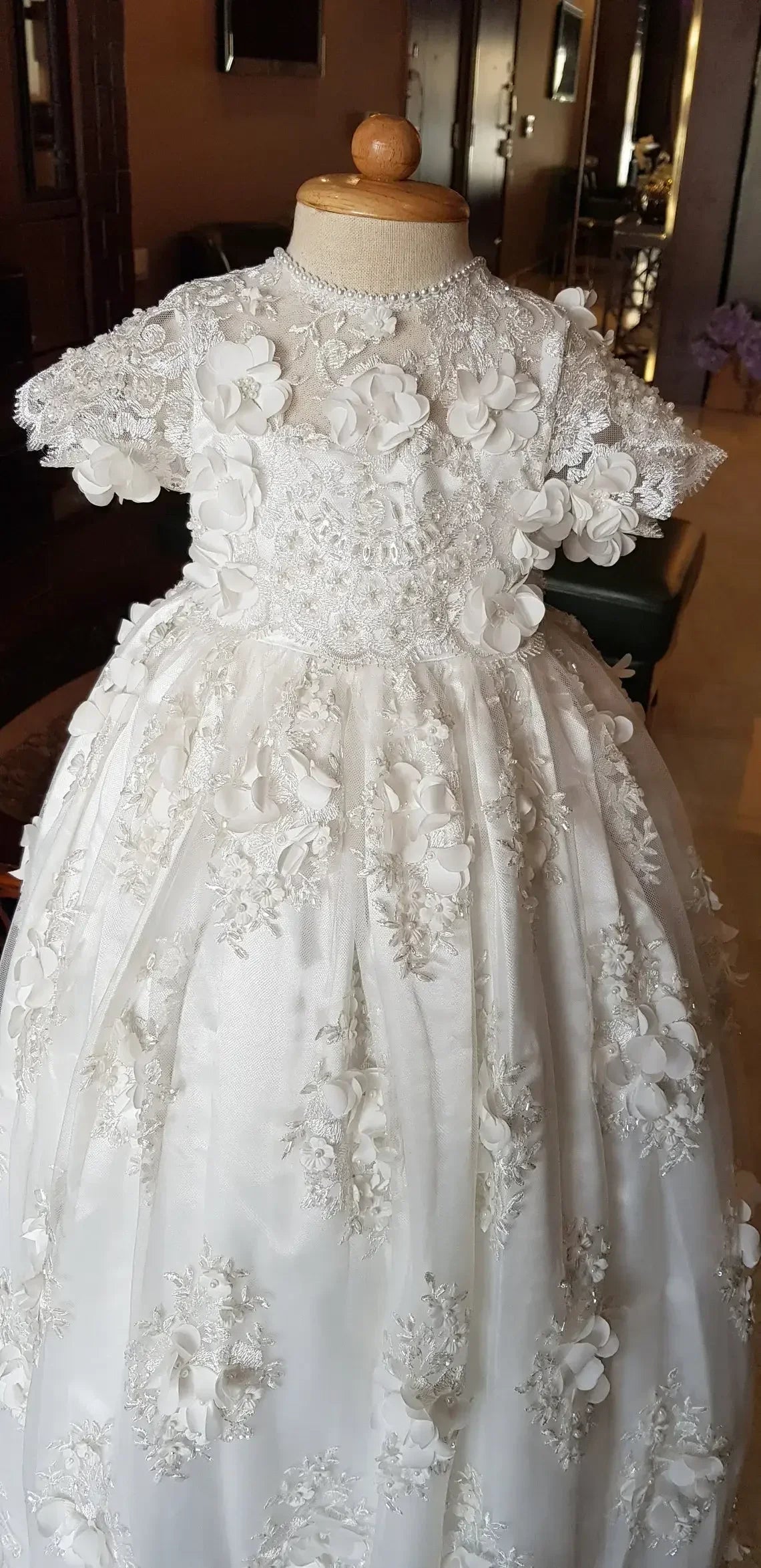 Customized Baptism Dress Baby Girls Robe Lace Christening Gown With Bonnet Off
