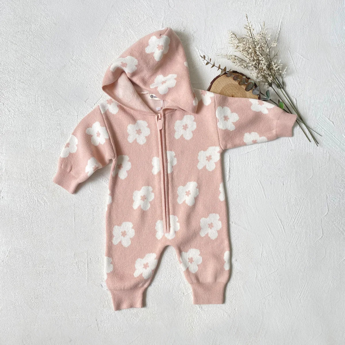 Floral Knitted Zip Up Hooded Jumpsuit