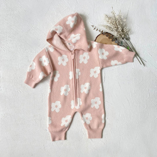 Floral Knitted Zip Up Hooded Jumpsuit