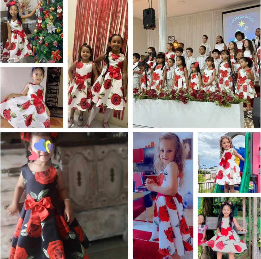 Baby Girl Princess Dress Children's Clothing Toddler Red Rose Print Vintage Vestidos Kids Performance Evening Birthday Xmas Gown