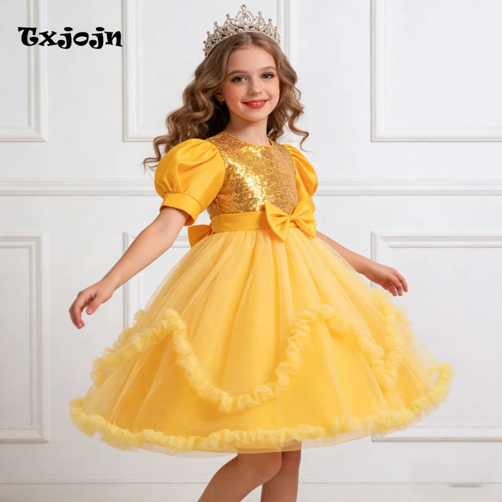 Girl's Dress 3-14 Years Old Girl's Bow Princess Dress Sequined Puff Sleeve Mesh Dress