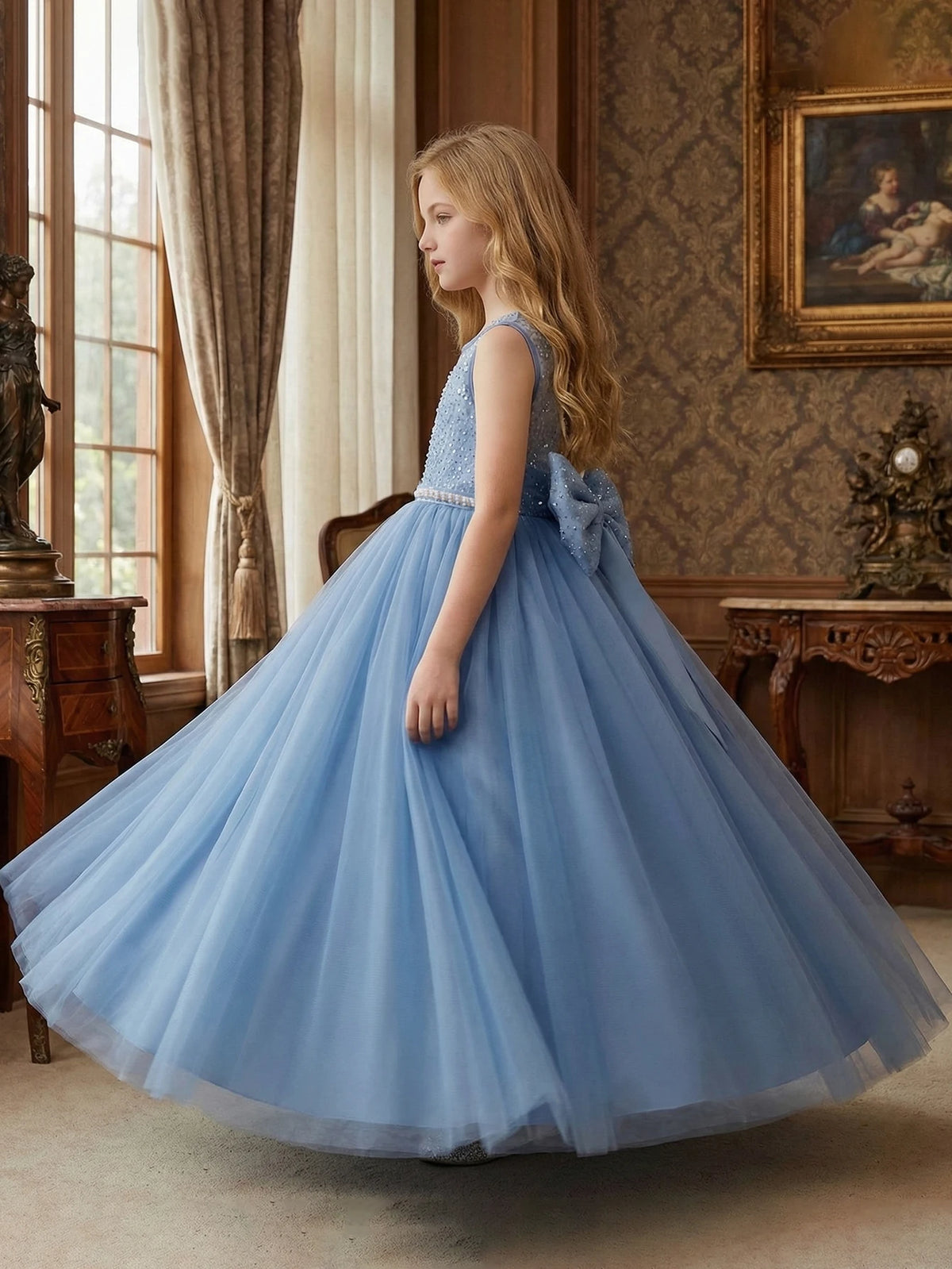 Girl Party Dress Pink Long-style Evening Dress with Large Bow V-neck A Magnificent Evening Dress, Birthday Party, Ball, Banquet