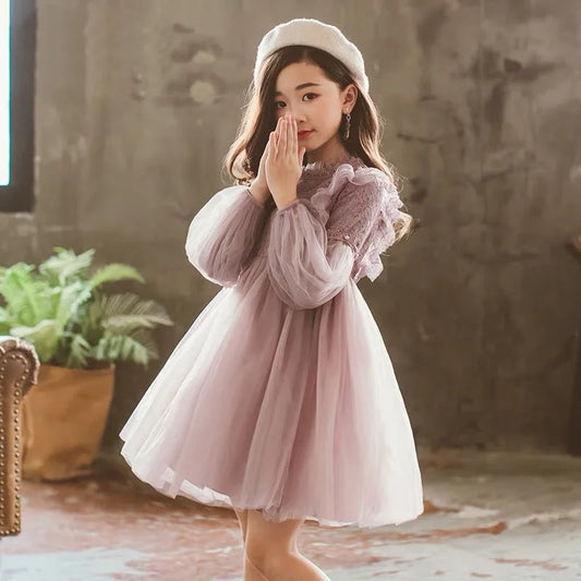 Spring Autumn Kids Girls Dresses Lantern Sleeve Lace Princess Dress