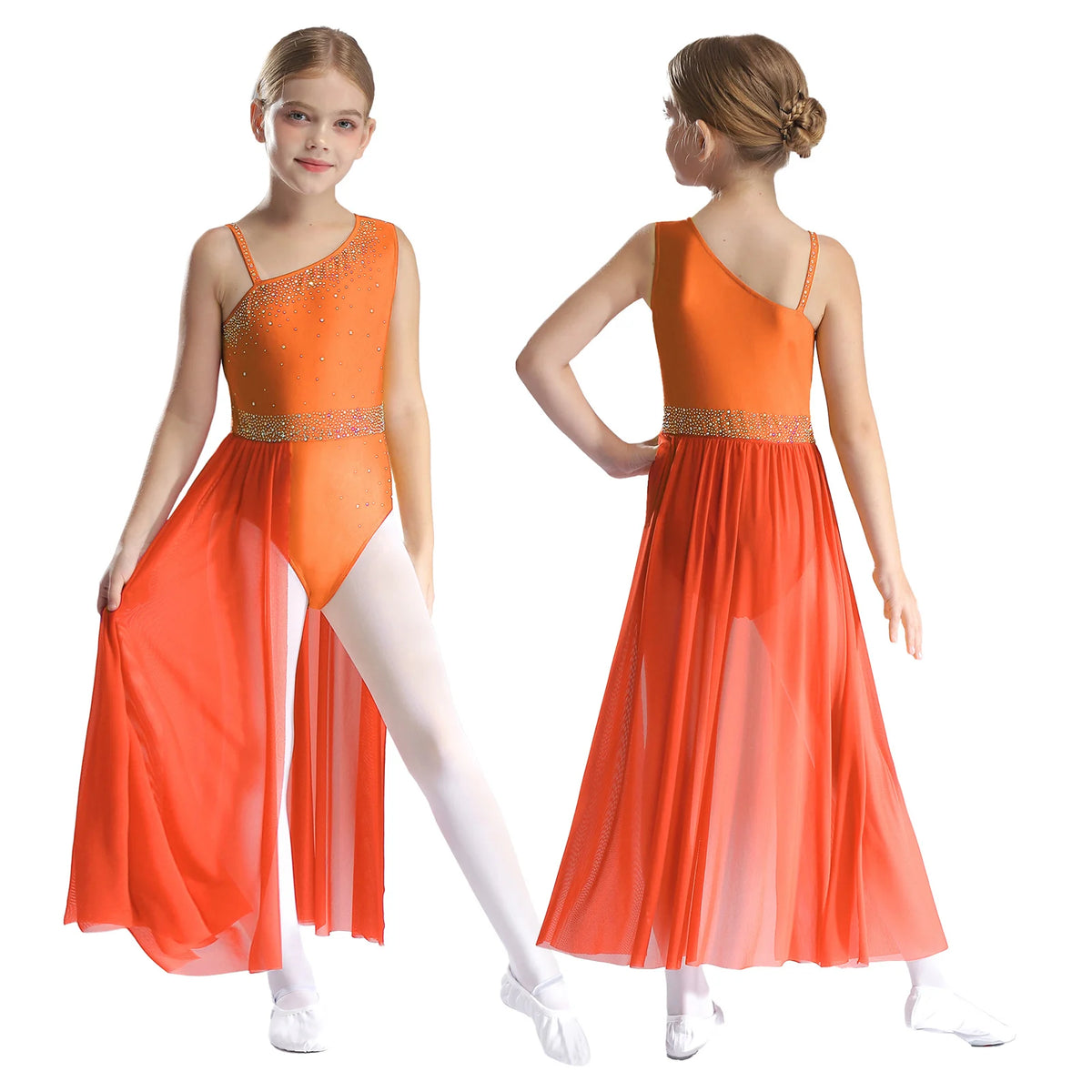 Girls Delicate 3D Flower Lyrical Dance Dress Asymmetrical Ruched Long Dress Gymnastics Modern Dance Clothes Performance Dress