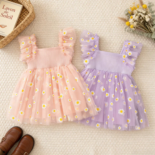 Girls' Dress Summer Tulle Daisy Print Girls Dress Adorable Princess Baby Dress