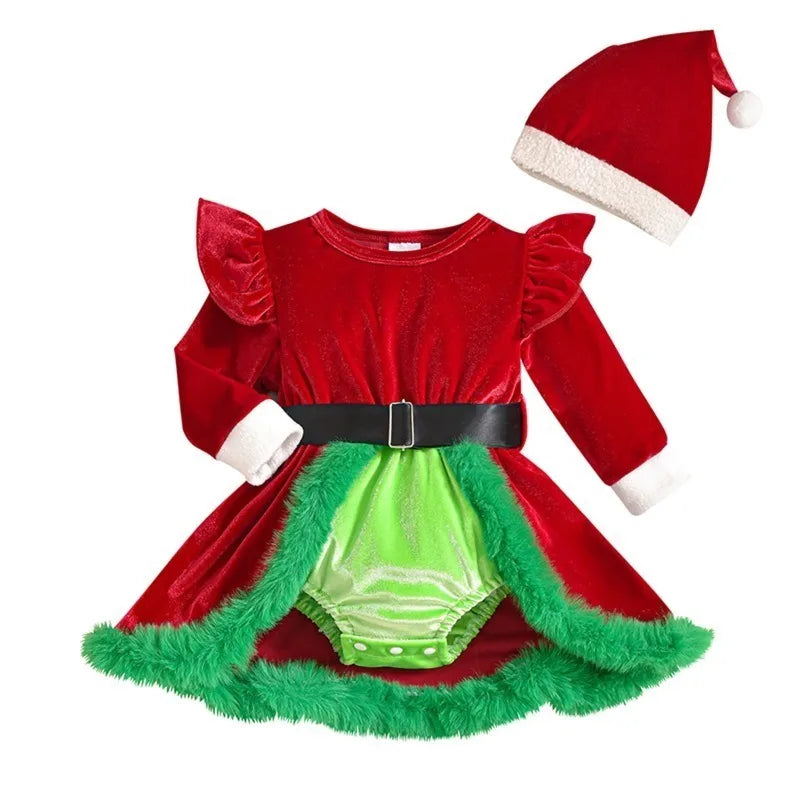 Baby Girl's Christmas Velvet Dress with PP shorts & Hat Set ,Pom pom Trim baby girl Dress