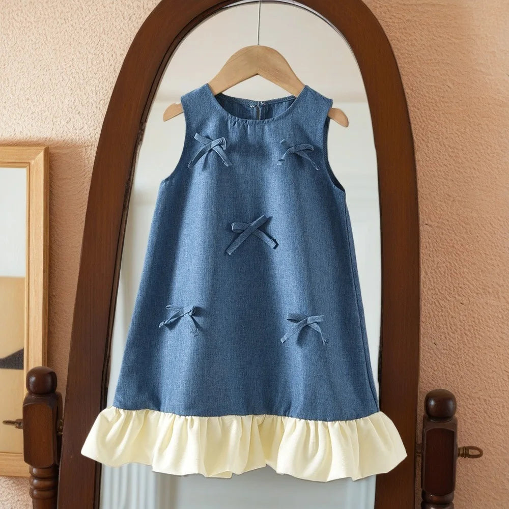 Maren A-line Girls Denim Dress with Bow for 3-7Y Kids