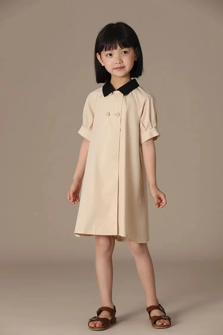 Girls Dress 2025 Spring Summer New Simple Temperament Cotton Contrasting Turn-down Collar Dress