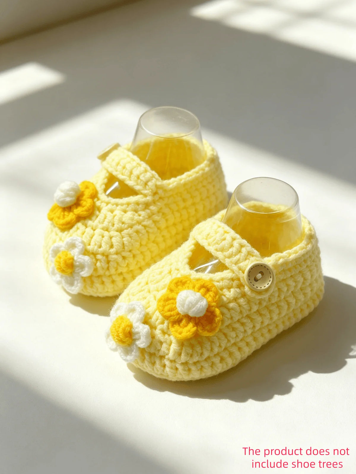 1 Pair Crochet Baby Girl Booties, Pink, Handmade Knit Shoes with Daisy Flower Detail and Button Strap