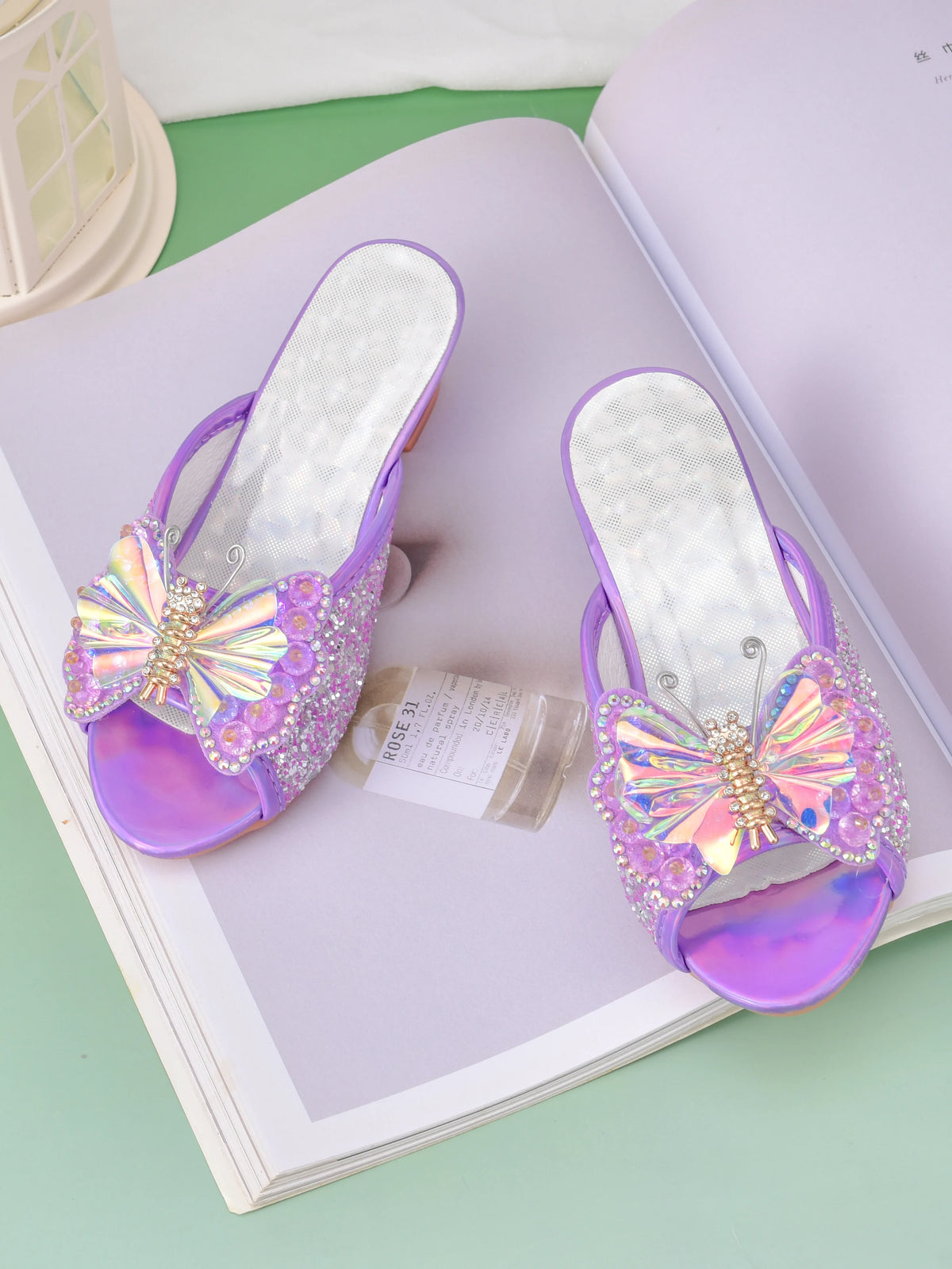Girl's princess high-heeled slippers with bow and crystal design, children's shoes