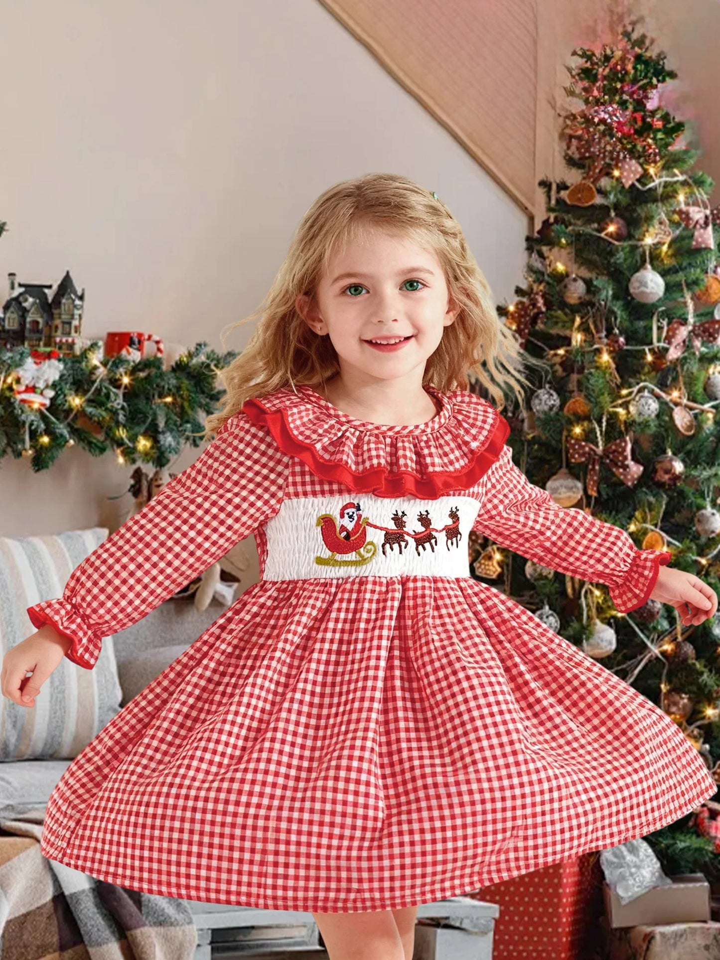 Girls Winter Dress for Celebrations - Long Sleeve Plaid Style