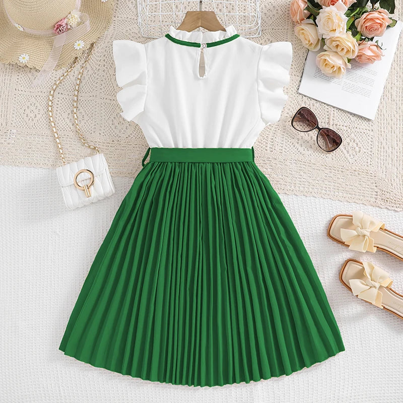Emma Kids Dress for Girls with Pleated Skirt and Bow Tie