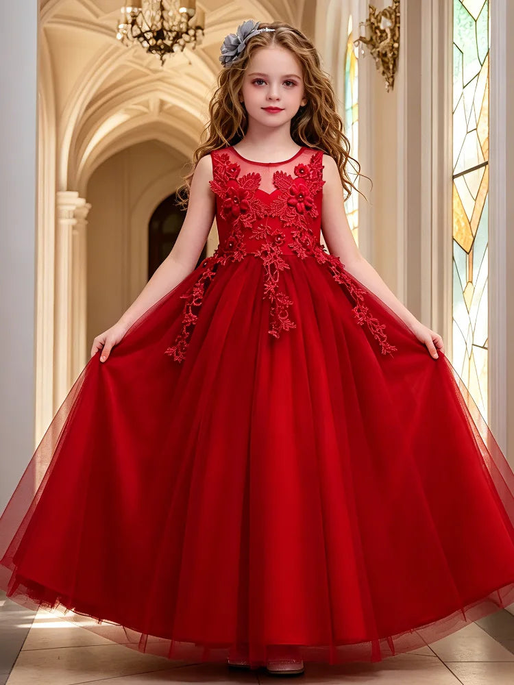 Kids Dresses For Girl Clothes Lace Flower Ball Gown Girls Long Dress For Wedding Prom Party Princess Dresses Teenage Costume