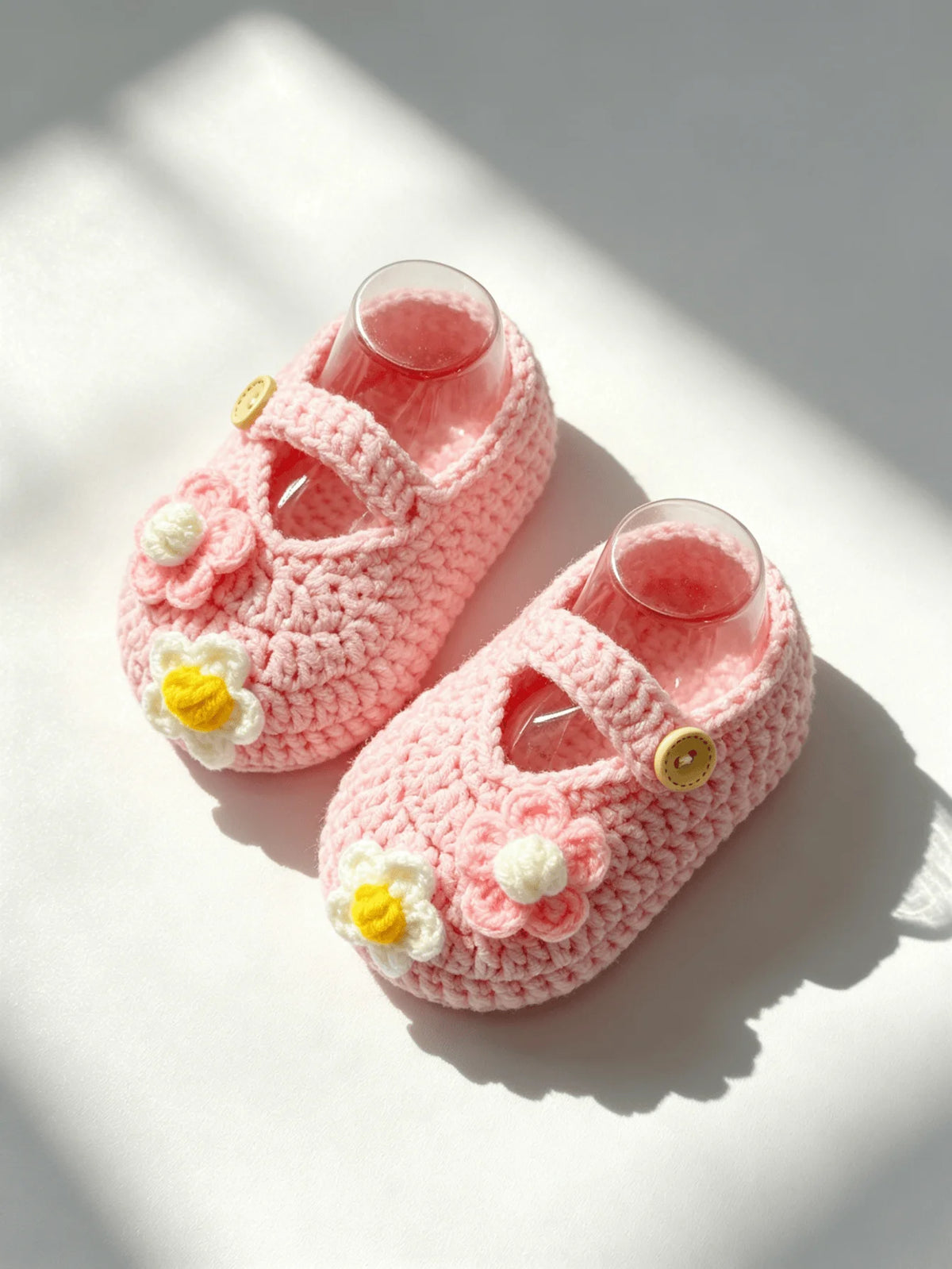 1 Pair Crochet Baby Girl Booties, Pink, Handmade Knit Shoes with Daisy Flower Detail and Button Strap