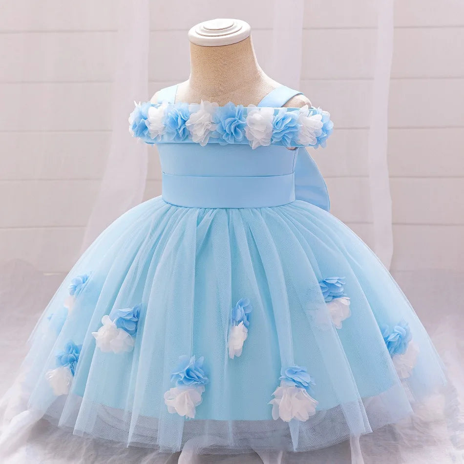 New Baby Girls 1st Princess Dress Infant Three-dimensional Flower One-word Shoulder Mesh Dress Baby Girl Performance Dress ASQ03