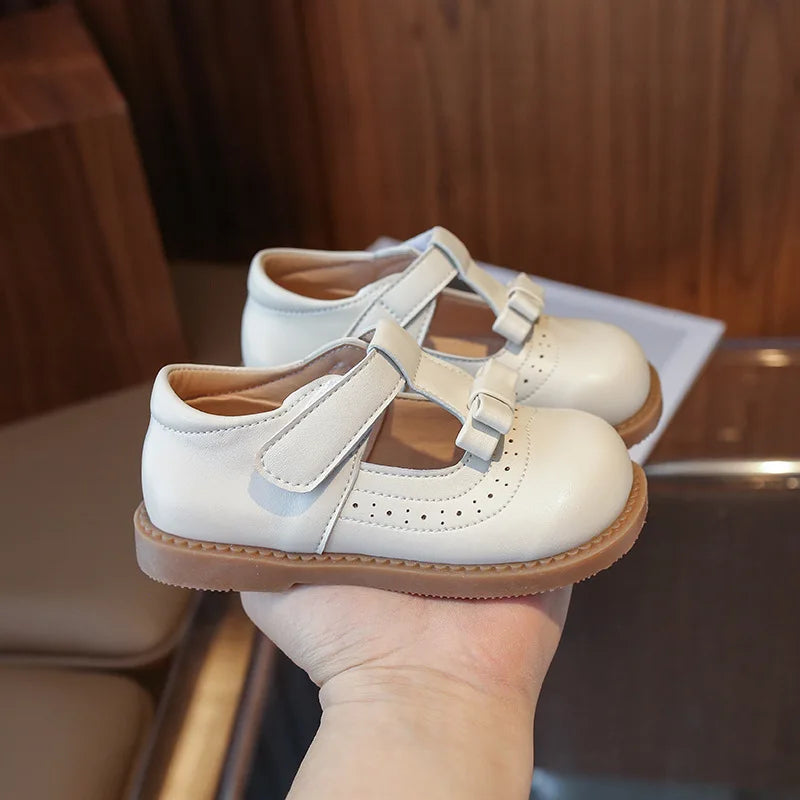 Girl's Bow Princess Shoes Leather Shoes 2026 Spring New Fashion Soft Sole Children's Single Shoes Soft Sole T-strap Kids Shoes