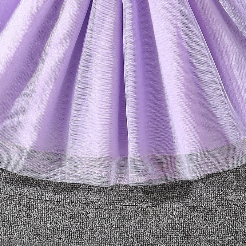 Dress For Girls Yellow O-Neck Fly-Sleeve Tulle Bowknot