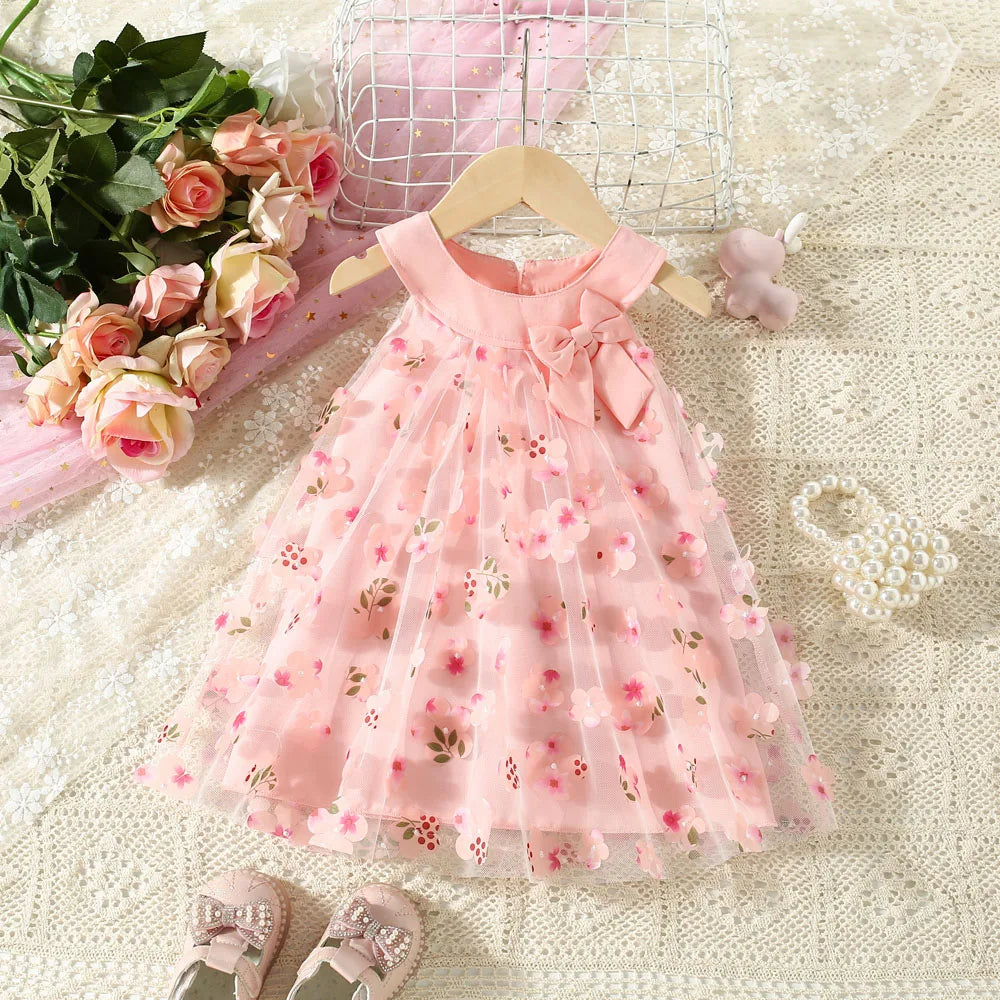 (0-3 Years Old) Summer Mesh All Over Flower Bow Baby Girl Dress