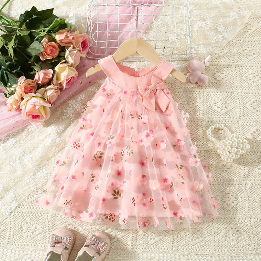 (0-3 Years Old) Summer Mesh All Over Flower Bow Baby Girl Dress