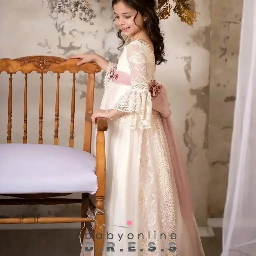 BABYONLINE Customized Comunión Dress Puff Sleeve Lace Embroidery Vestidos De Niñas