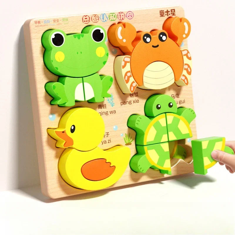 Montessori Cartoon 3D Wooden Puzzle Animal Traffic Jigsaw Toys