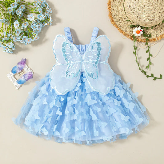 Summer New Baby Girl Suspender Dress Solid Color Butterfly Wing Party Dress