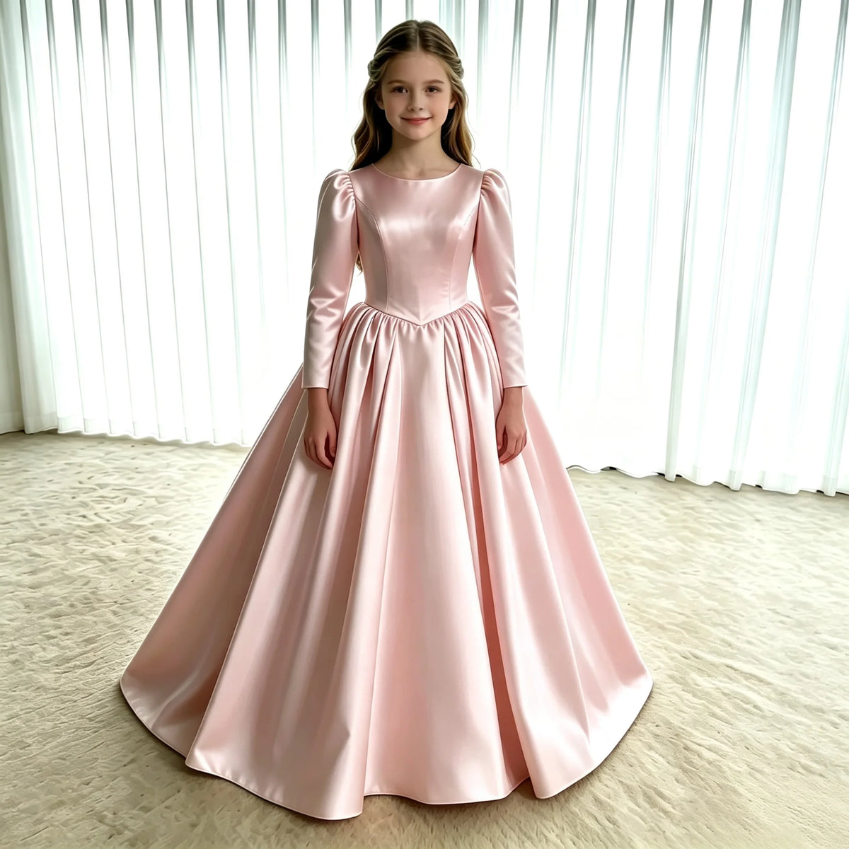 Girls First Communion Dress New Long Sleeves Satin Elegant Tail Evening Gown Girls Wedding Party Princess Dress for Juniors