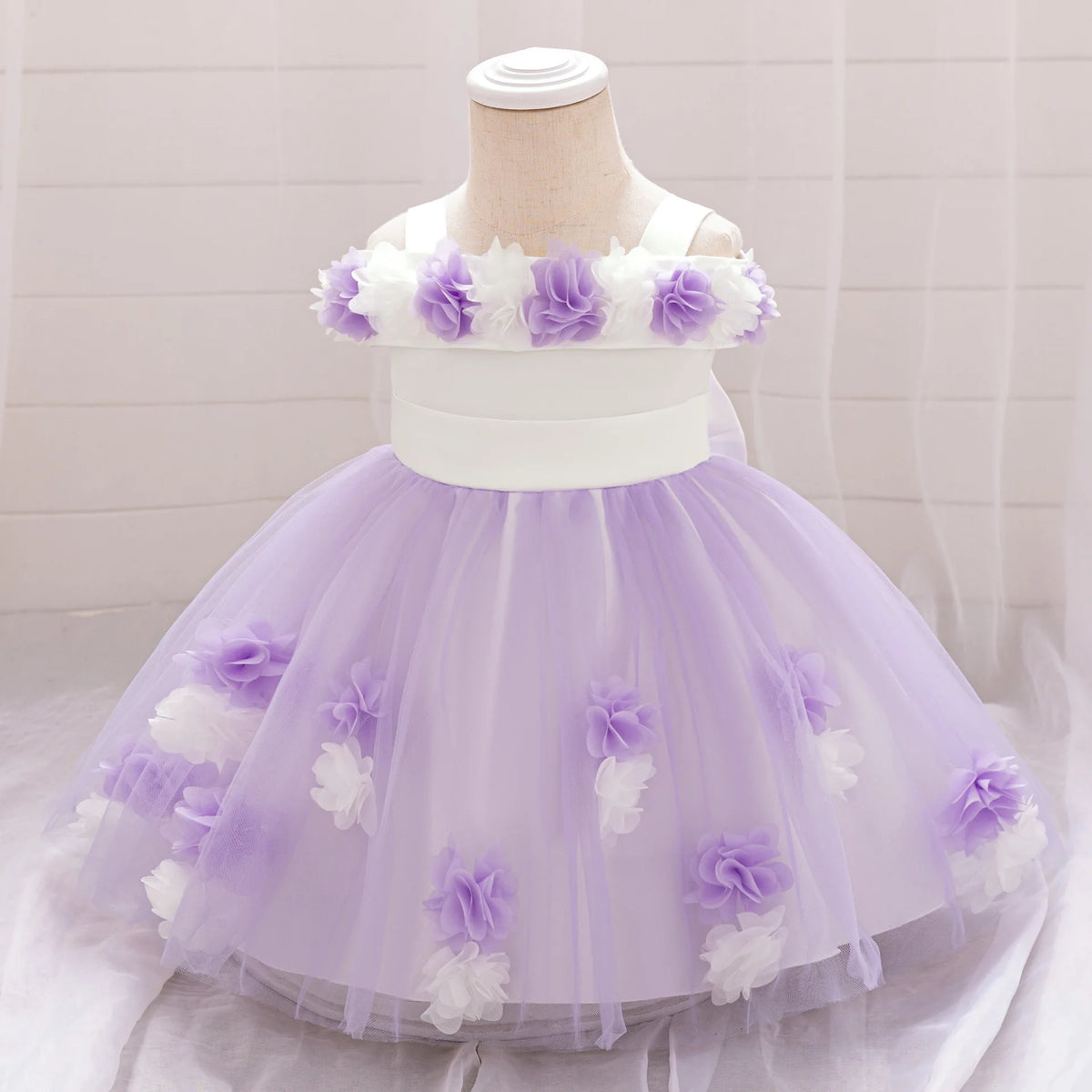 New Baby Girls 1st Princess Dress Infant Three-dimensional Flower One-word Shoulder Mesh Dress Baby Girl Performance Dress ASQ03