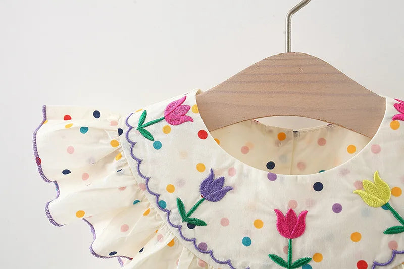 Kadia Polka Dot Baby Dress with Flower Embroidery