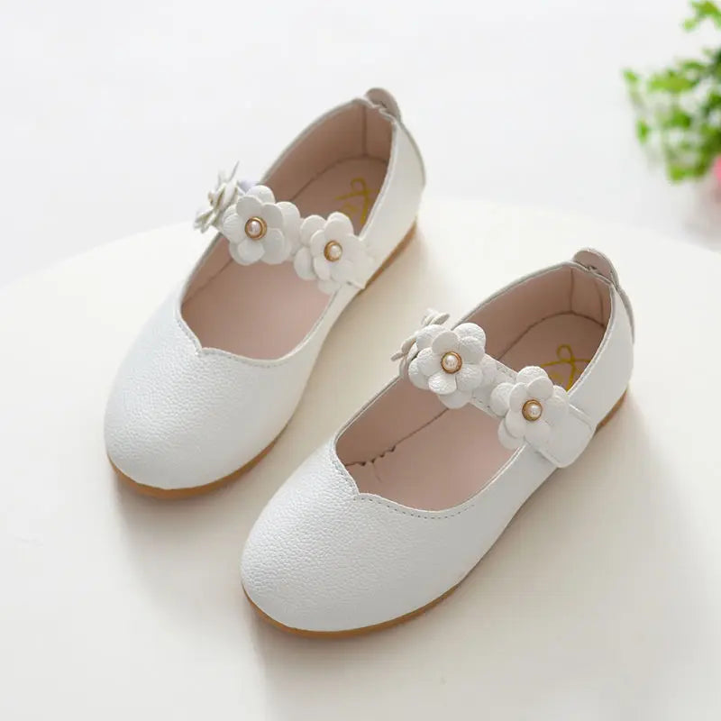 Girls Low-top Solid Color Leather Shoes Princess Shoes Flowers Student Single Dance Shoes White Child Shoes Comfortable Wearable