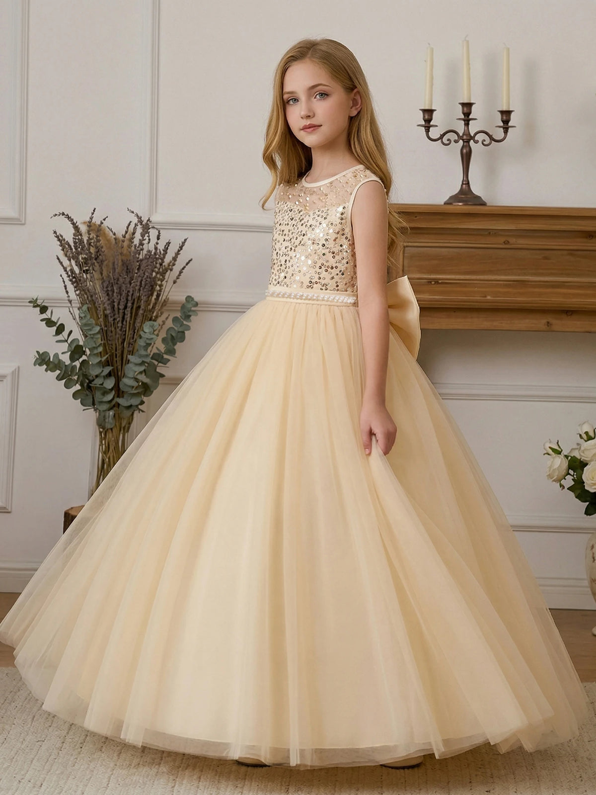 Girl Party Dress Pink Long-style Evening Dress with Large Bow V-neck A Magnificent Evening Dress, Birthday Party, Ball, Banquet