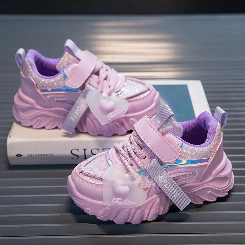 Girls Sports Shoes Kids Running Sneakers for School Fashion Cute Shiny Non-slip Children's