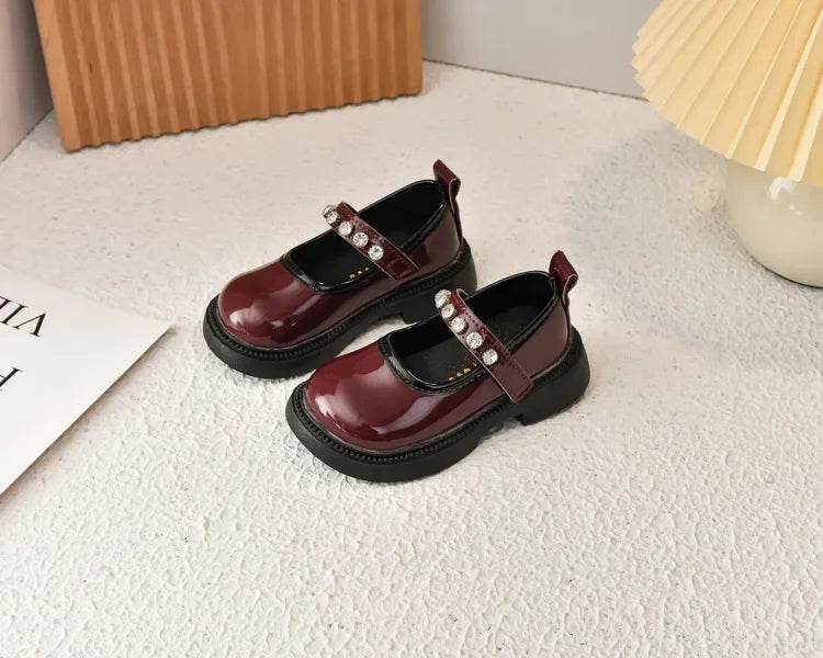 Girls Performance Shoes Round Toes Glossy 2025 Spring Autumn Kids Leather Shoes Pu Soft Sole Girls Flat Shoes Non-slip Ins Trend