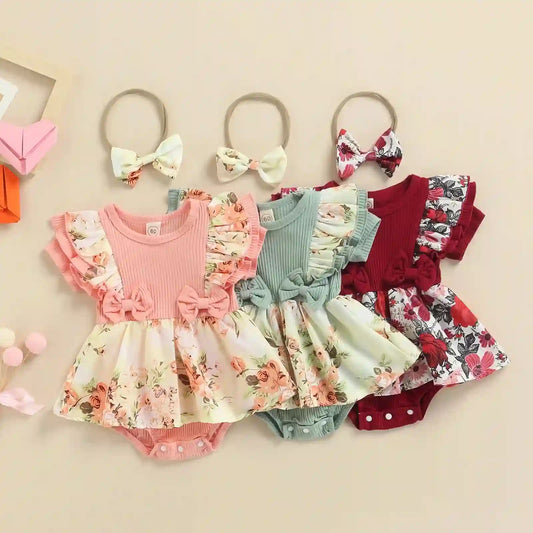 Posie Baby Girls Summer Dress Bodysuit with Bow Headband